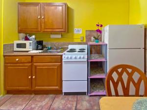 a kitchen with a stove and a white refrigerator at Bella Sirena Inn in St. Pete Beach