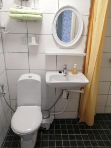 ein Badezimmer mit einem WC, einem Waschbecken und einem Spiegel in der Unterkunft Mäntyluodon Hotelli in Pori