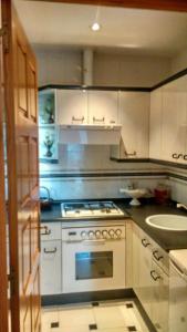 a kitchen with a white stove and a sink at La Casita de Chozas in Soto Real