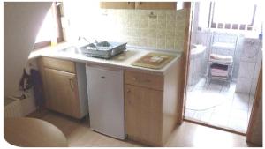 una pequeña cocina con fregadero y lavavajillas en Ferienwohnung Mack, en Göppingen