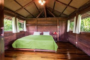 1 dormitorio con 1 cama verde en una habitación con ventanas en La Anita Rain Forest, en Colonia Dos Ríos