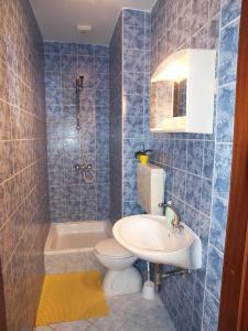 La salle de bains est pourvue d'un lavabo, de toilettes et d'une baignoire. dans l'établissement Apartman Mario, à Makarska