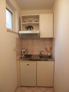 Il comprend une petite cuisine équipée d'un évier et d'une cuisinière. dans l'établissement Apartman Mario, à Makarska