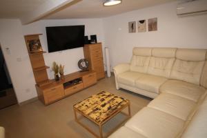 Una sala de estar con un sofá y un televisor. en Mainz - 4-Zimmer-Haus - 6 Personen, en Mainz