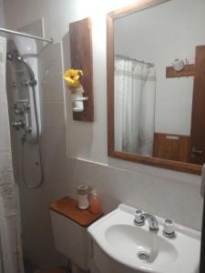 a bathroom with a sink and a shower with a mirror at Cabaña Los Espinillos de San Isidro in José de la Quintana