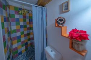 een badkamer met een douche met een aikleurig douchegordijn bij La Canela in Santa Cruz de la Palma