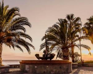 una fuente con dos palmeras frente al océano en Casa Vacanze Il Paese Dipinto en Montegiordano