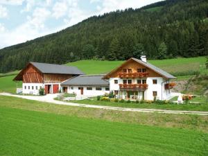 a house in a field next to a mountain at Apartments Feldsagerhof in Villabassa