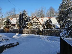 una casa con un patio cubierto de nieve en Chata nad Sztolnią, en Bystrzyca Górna