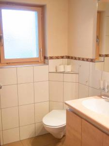 a bathroom with a toilet and a sink and a window at Ferienwohnung Bim Stei in Adelboden