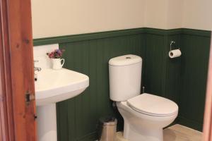 a green bathroom with a toilet and a sink at Heatherbank Guest House in Strontian