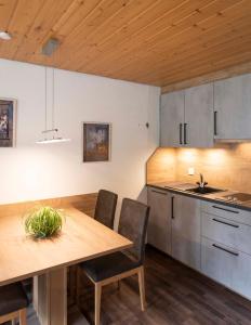 a kitchen with a table and chairs and a sink at Apartment Madlaina in Samnaun