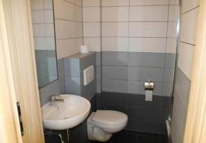 a small bathroom with a toilet and a sink at Maris Pokoje Gościnne in Łeba +15 photos