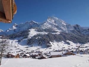 a snow covered mountain with a village in the foreground at Ferienwohnung Chalet Zwirbeli in Adelboden