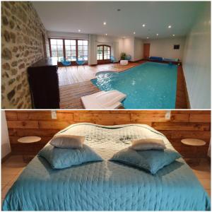 a large bed and a swimming pool in a room at Auverg'Nature chambre Combrailles massage ayurvédique in Espinasse