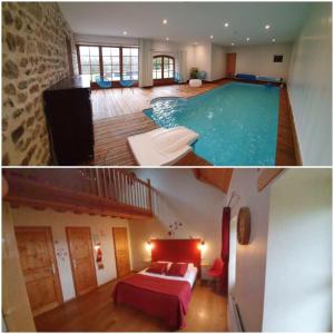 a house with a swimming pool and a living room at Auverg'Nature Chambre Auvergnate massage ayurvédique in Espinasse