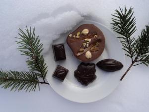 モンゾシュにあるLes Grillons du Morvanのクリスマスの装飾の横の皿に盛られたチョコレートクッキー