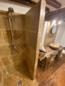 La salle de bains est pourvue d'une douche et d'un lavabo. dans l'établissement Gite le Normand, à Vimoutiers