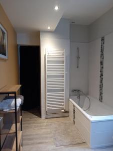 La salle de bains est pourvue d'une baignoire, d'une douche et d'un lavabo. dans l'établissement Centre gare, à Saint-Dié-des-Vosges