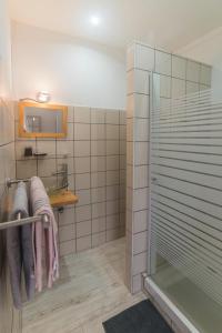 La salle de bains est pourvue d'une douche et de serviettes sur un portant. dans l'établissement appartement 1 avec wifi, à Ravine des Cabris
