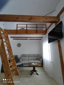 ein Wohnzimmer mit einem Hochbett und einem Sofa in der Unterkunft Vallikraavi apartment in Tartu