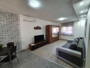 uma sala de estar com um sofá e uma televisão em Fischer Apartman em Hajdúszoboszló