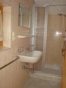 a bathroom with a sink and a shower at Alpenhaus Christian in Neustift im Stubaital