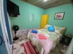 クーニャにあるChalés Encantos de Cunha Amareloのピンクベッド1台、テレビが備わる小さなベッドルーム1室が備わります。
