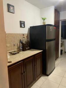 a kitchen with a stainless steel refrigerator and wooden cabinets at Posada Dilia del Alba in Santo Domingo