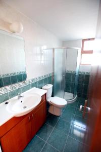 y baño con aseo, lavabo y ducha. en Villa Elina, en Pafos