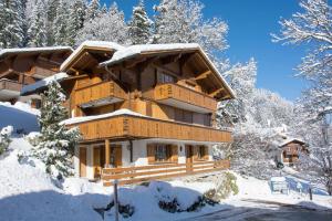 uma casa de madeira na neve com árvores cobertas de neve em Ferienwohnung Senggi em Adelboden