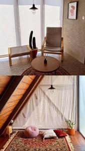 villa tibra في ليمبانغ: غرفة معيشة مع كرسي وطاولة