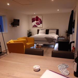Bed & Breakfast Stiens (nabij Leeuwarden) في Stiens: غرفة معيشة مع سرير وأريكة