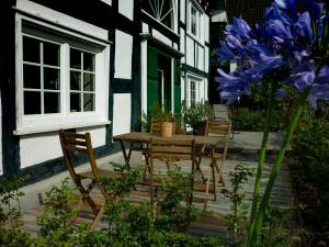 a patio with a table and chairs and blue flowers at LandArt in Olpe