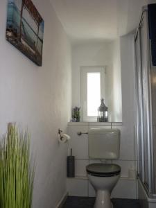 a white bathroom with a toilet and a window at LandArt in Olpe