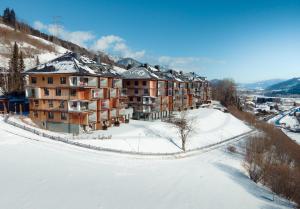 斯拉德明Sun Lodge Schladming by Schladming-Appartements的雪中建筑物的空中景观