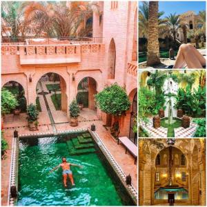 a collage of photos with a man in a swimming pool at Dar Tozeur in Tozeur
