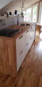 cocina con fregadero y suelo de madera en aurora suite, en Nyksund