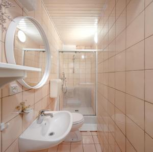 een badkamer met een wastafel, een toilet en een spiegel bij Apartments Forum in Pula