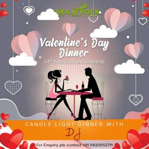Un folleto para una cena de San Valentín con una pareja sentada en una mesa en Hotel Sea N Rock en Thane