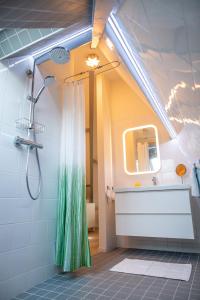 a bathroom with a shower with a green shower curtain at DC's Home in Meise