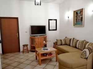 sala de estar con sofá y TV en Room and Apartment Lea, en Rovinj