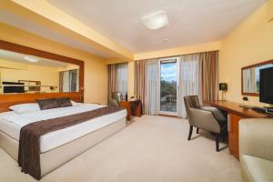 ein Hotelzimmer mit einem Bett, einem Schreibtisch und einem TV in der Unterkunft Hotel Podgorica in Podgorica