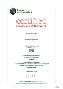 Сертификат, награда, табела или друг документ на показ в Glen Haven Bed and Breakfast