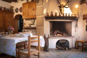 a living room with a fireplace with a table and a table and chairs at Villa Vitturi in Maserada sul Piave