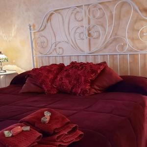 アリアーノ・イルピーノにあるLa Casa di Ninna Affittacamereの赤い枕と金属製のヘッドボード付きのベッド