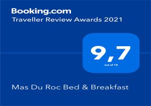 Certifikát, hodnocení, plakát nebo jiný dokument vystavený v ubytování Mas Du Roc Bed & Breakfast