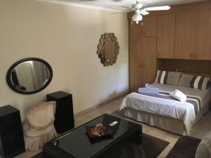 a bedroom with a bed and a mirror and a table at Spinoza Self Catering Accommodation in Windhoek