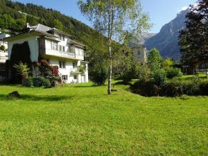 een huis in een grasveld met een berg bij Apartment Bergfried by Interhome in Engelberg