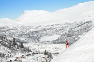 una persona parada en la cima de una montaña cubierta de nieve en Storelia, en Hemsedal